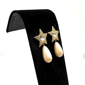 Avon Goldtone Rhinestone Star and Faux Pearl Drop Earrings